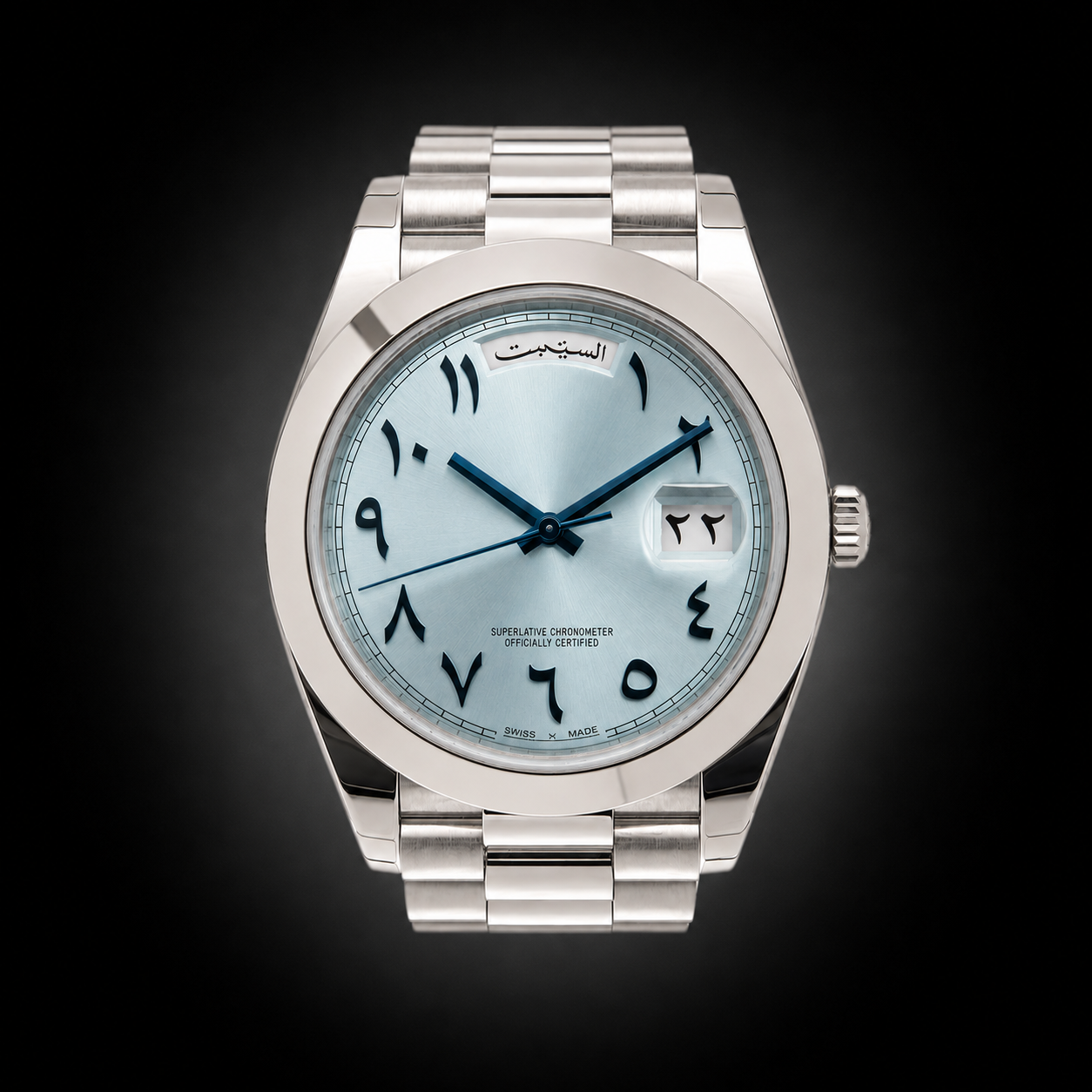 LUCENT Sol-Luna (Day Date) 40MM Platinum Silver Automatic Watch Ice Blue Arabic Dial