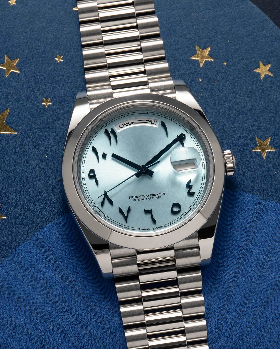LUCENT Sol-Luna (Day Date) 40MM Platinum Silver Automatic Watch Ice Blue Arabic Dial