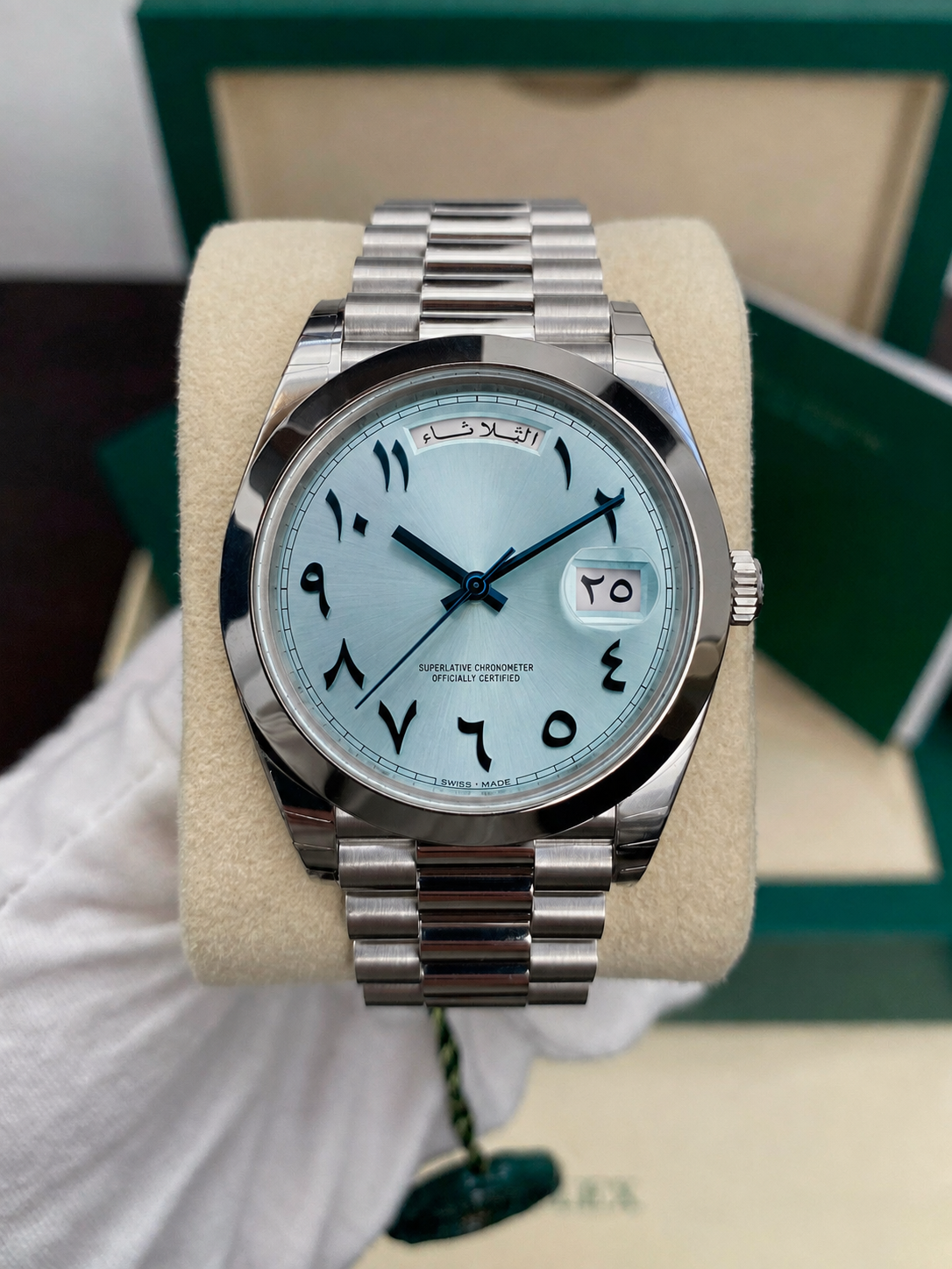 LUCENT Sol-Luna (Day Date) 40MM Platinum Silver Automatic Watch Ice Blue Arabic Dial