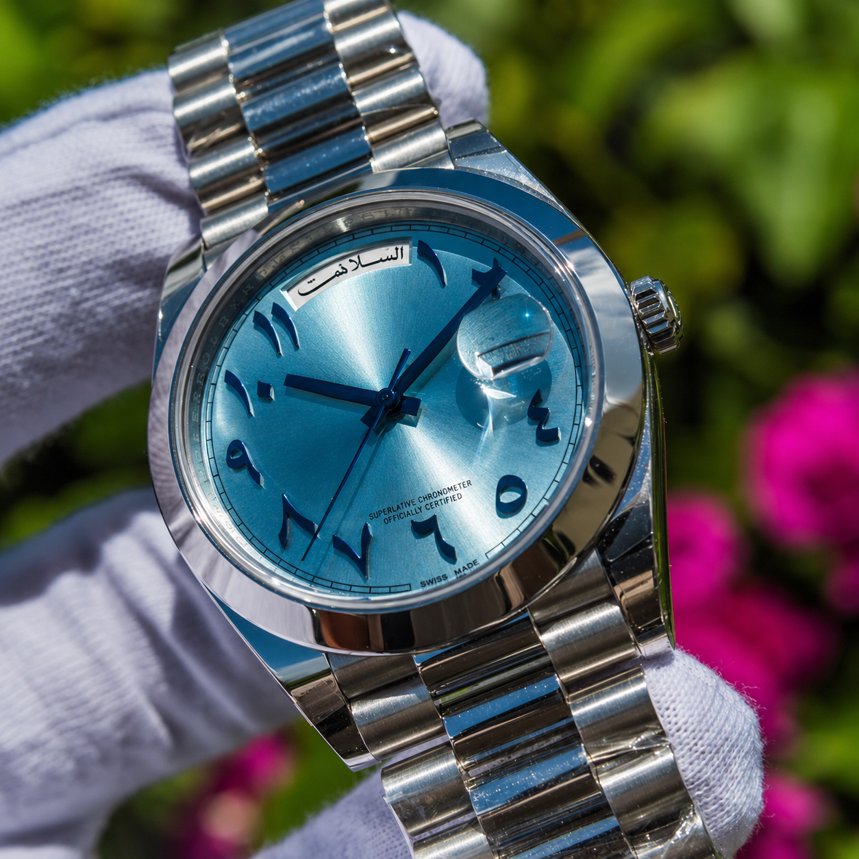 LUCENT Sol-Luna (Day Date) 40MM Platinum Silver Automatic Watch Ice Blue Arabic Dial