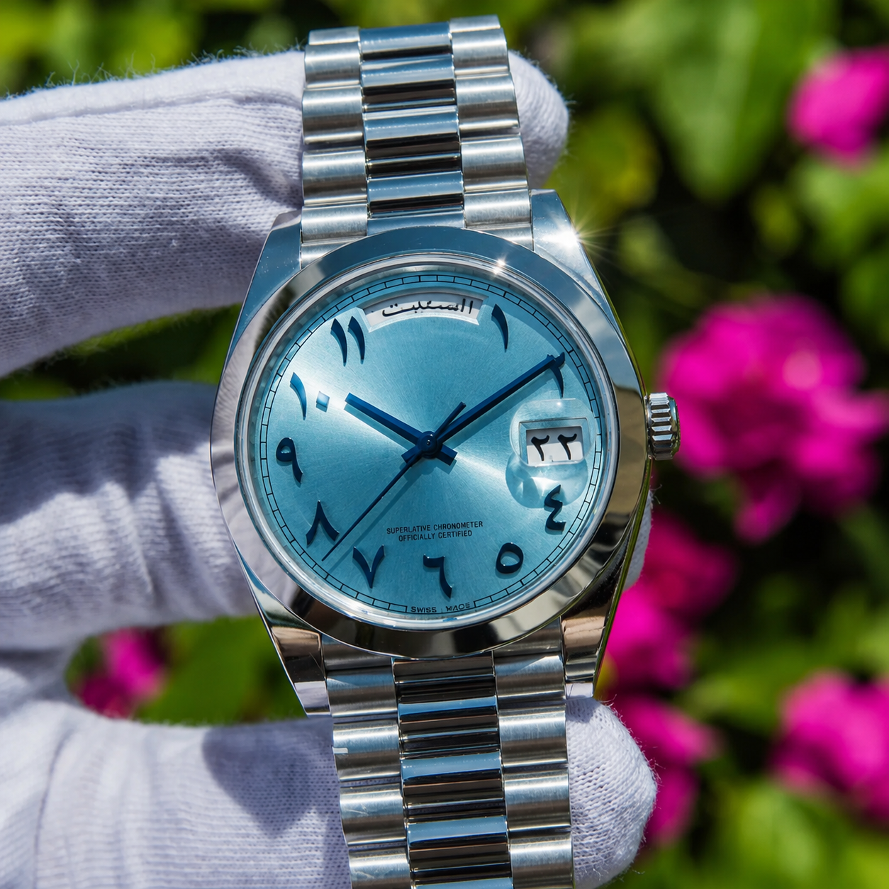 LUCENT Sol-Luna (Day Date) 40MM Platinum Silver Automatic Watch Ice Blue Arabic Dial